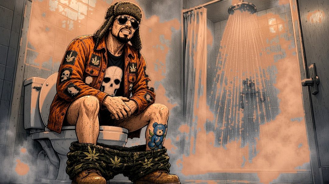 Wayne's World 10: Wayne holding court on the porcelain throne while the shower steams up the crime scene