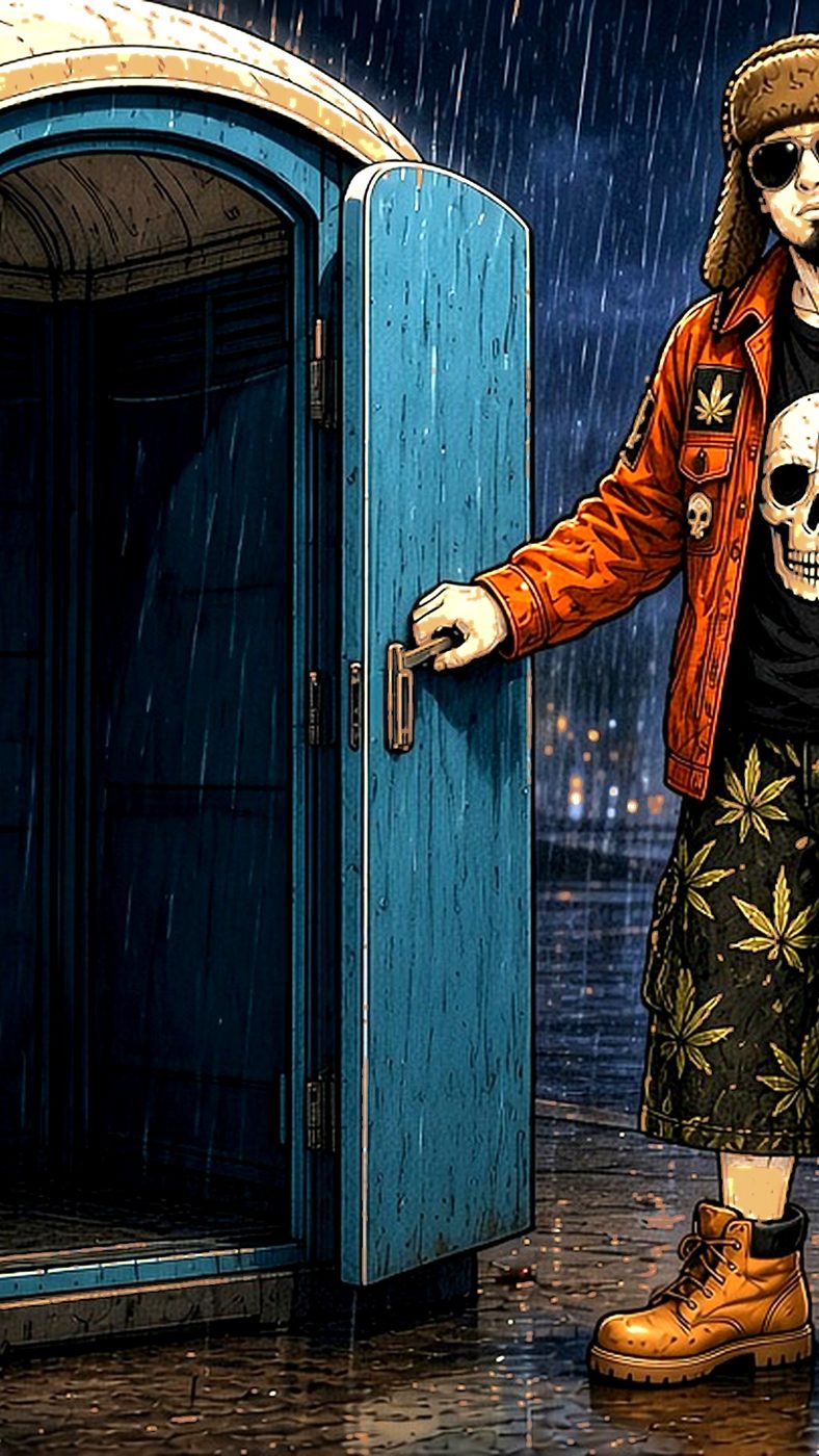 Wayne's World 13: Rainy night, blue porta-potty, zero standards. Wayne's going in