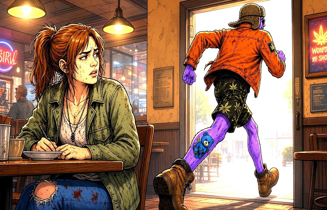 Wayne's World 14: Purple Wayne bails mid-meal and sprints for a toilet. She's got the check
